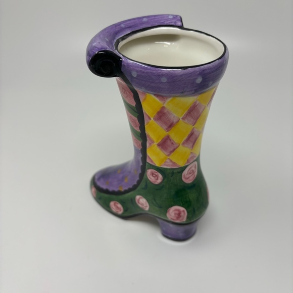 Milson & Louis Hand Painted Boot Shoe Vase Green Purple Pink Floral Geometric - Picture 3 of 5